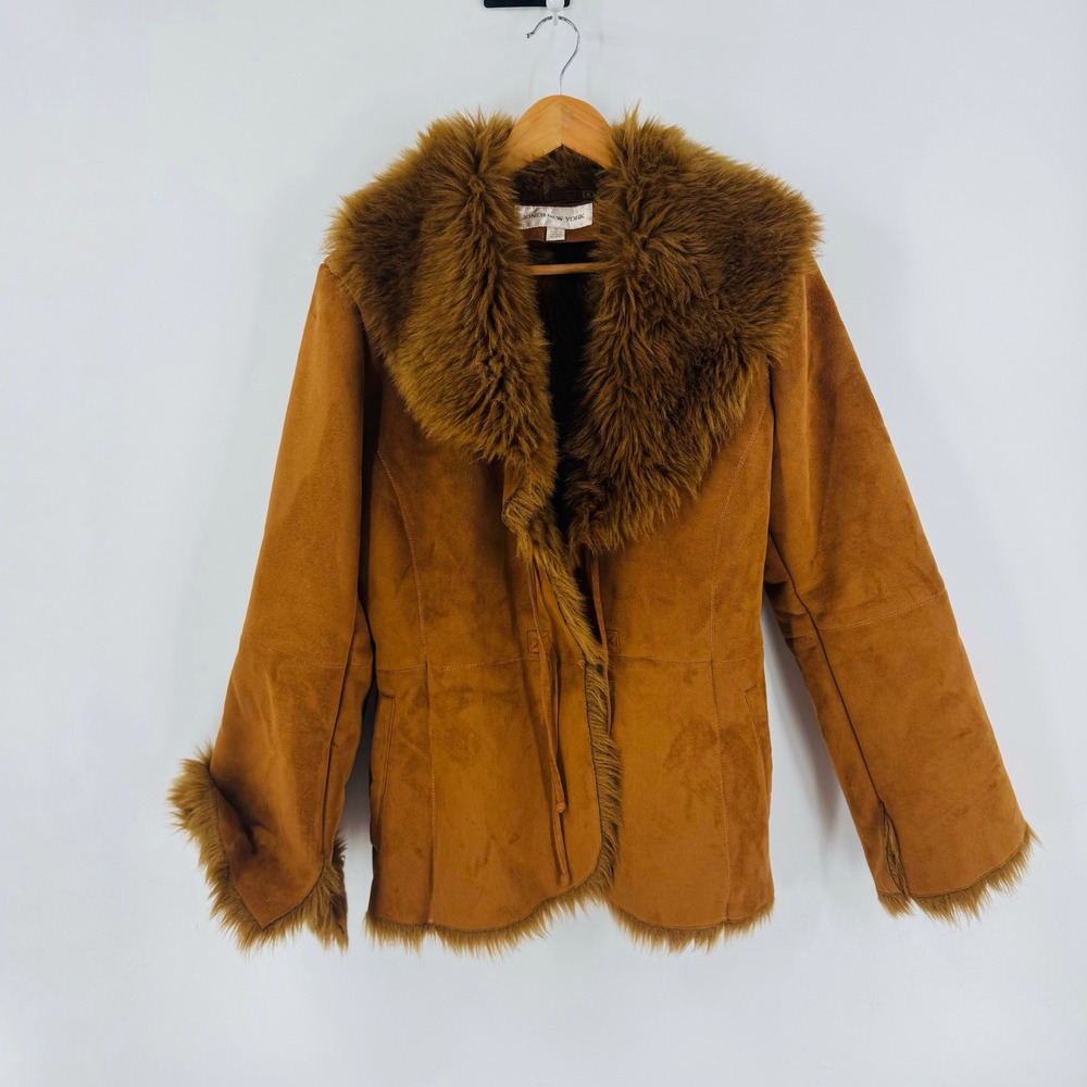 Vintage Jones New York Faux Fur Trim Suede Jacket Size M Brown Penny Lane